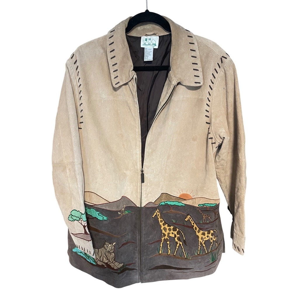 Quacker Factory Womens 1X Leather Suede Safari Jacket Giraffe Elephant